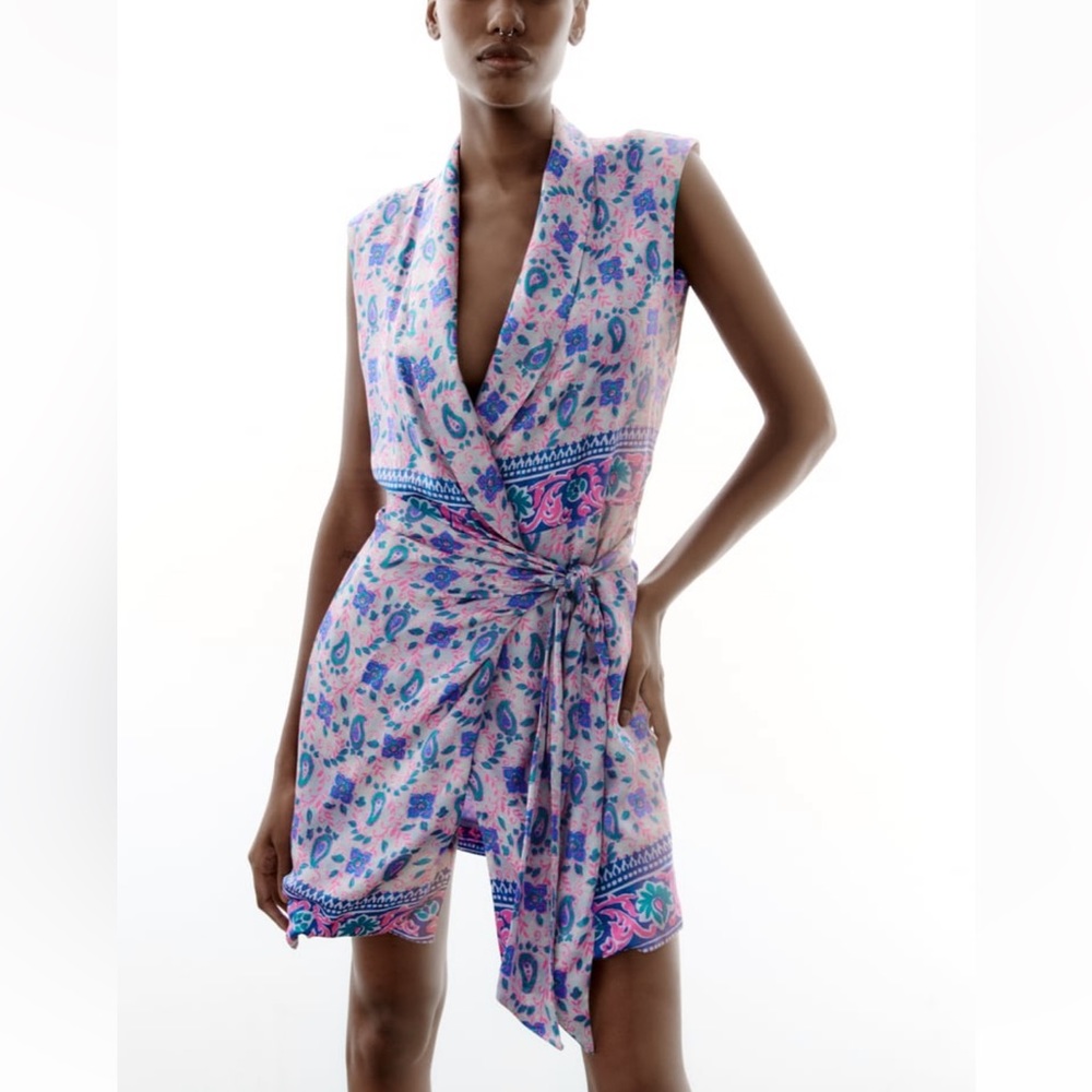 Zara sleeveless printed wrap dress size Large purple pink grey